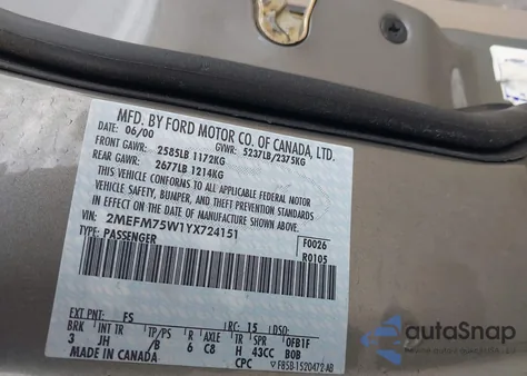 2000 Mercury Grand Marquis Ls from USA, damaged, VIN 2MEFM75W1YX724151